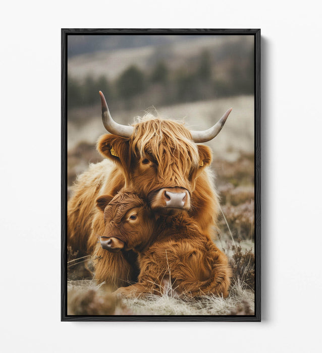Highland Cow Canvas - Mother And Calf Art | Handmade UK Float Effect Frame