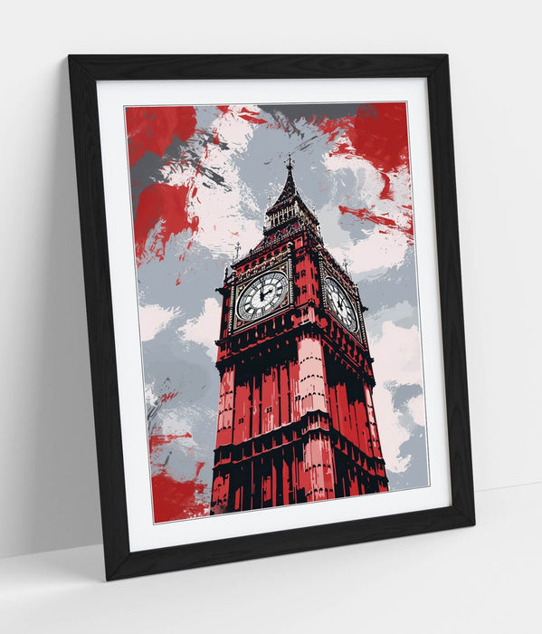 Framed Wall Art - Big Ben Poster Print With Red Grey Wall Decor, Matte Paper