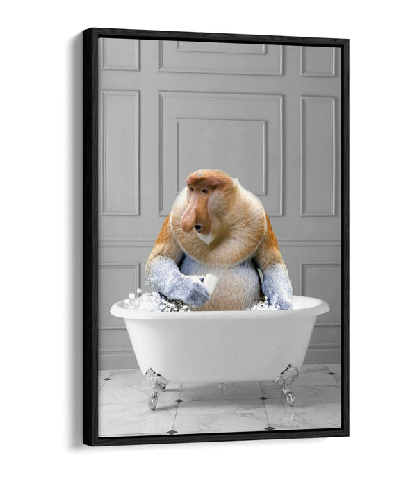 PROBISCUS MONKEY IN BATH -QUIRKY BATHROOM FLOAT EFFECT CANVAS WALL ART PRINT