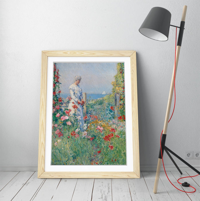 Framed Wall Art - Childe Hassam Garden Art Print With Woodgrain Frame Finish