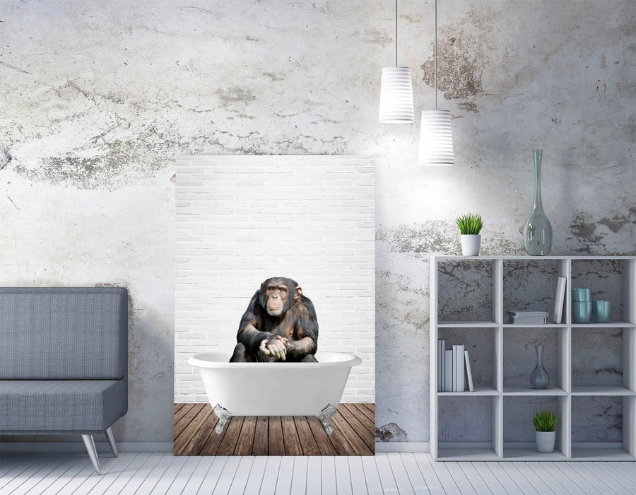 CHIMP IN BATHTUB -QUIRKY CANVAS WALL ART PRINT ARTWORK ANIMAL FRAMED BATHROOM