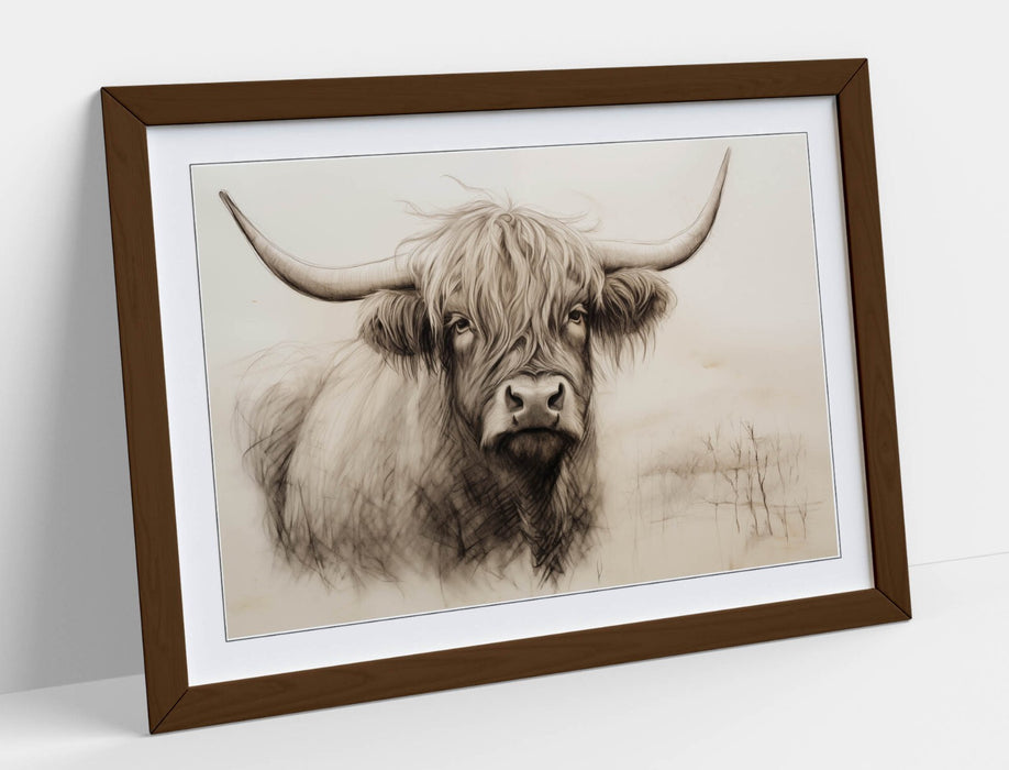 Highland Cow Wall Art – Framed Charcoal Sketch Print on Matte Paper, Handmade UK
