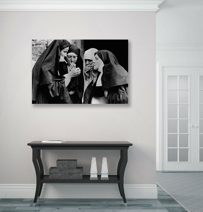 Vintage Canvas Wall Art – Nuns Smoking Artwork | Handmade Framed Canvas Print