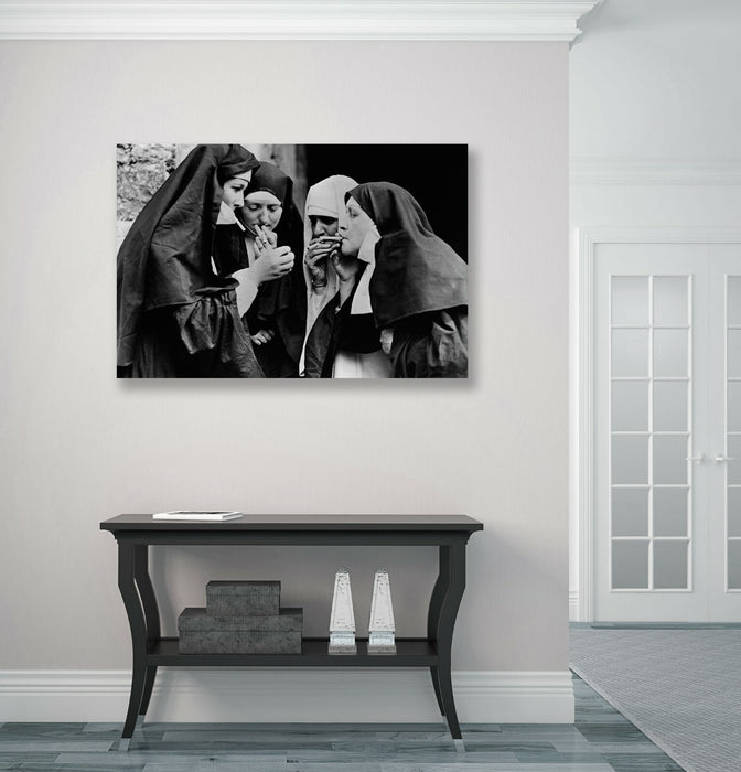 Vintage Canvas Wall Art – Nuns Smoking Artwork | Handmade Framed Canvas Print