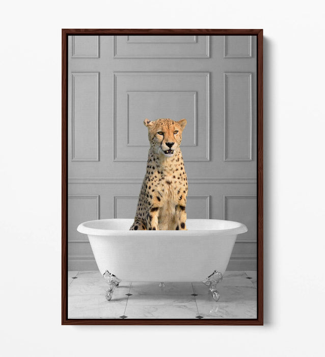 CHEETAH IN BATHTUB -QUIRKY BATHROOM FLOAT EFFECT CANVAS WALL ART PIC PRINT