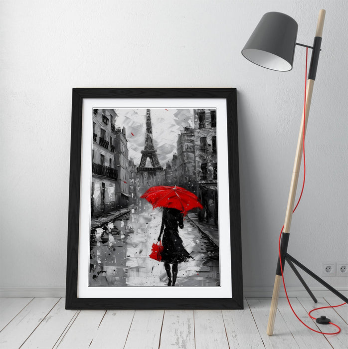 Red Umbrella Wall Art – Paris City Poster | Framed Black & White Decor Print