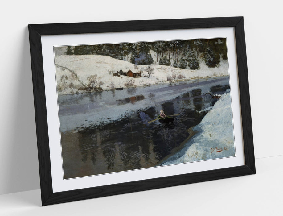 Framed Wall Art – Frits Thaulow Winter River Painting with Woodgrain Frame