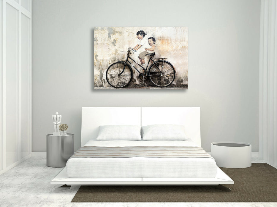 KIDS ON BIKE CANVAS WALL GRAFFITI ART PRINT ARTWORK FRAMED POSTER NOT BANKSY