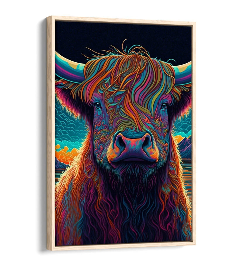 Highland Cow Canvas - Vibrant Colorful Cow Portrait | Float Effect Wall Art