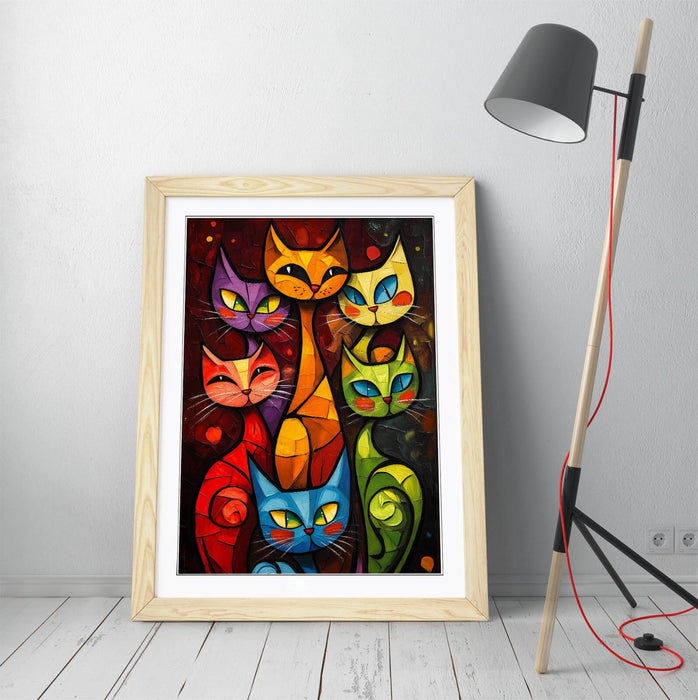 Framed Cat Wall Art - Colorful Abstract Cat Poster Print With Wood Grain Frame