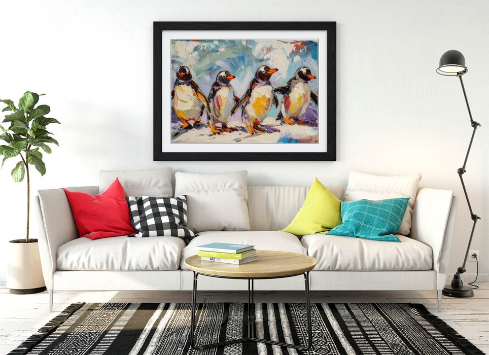 Penguins Wall Art - Cute Group Impressionist Framed Poster Print 4 Sizes