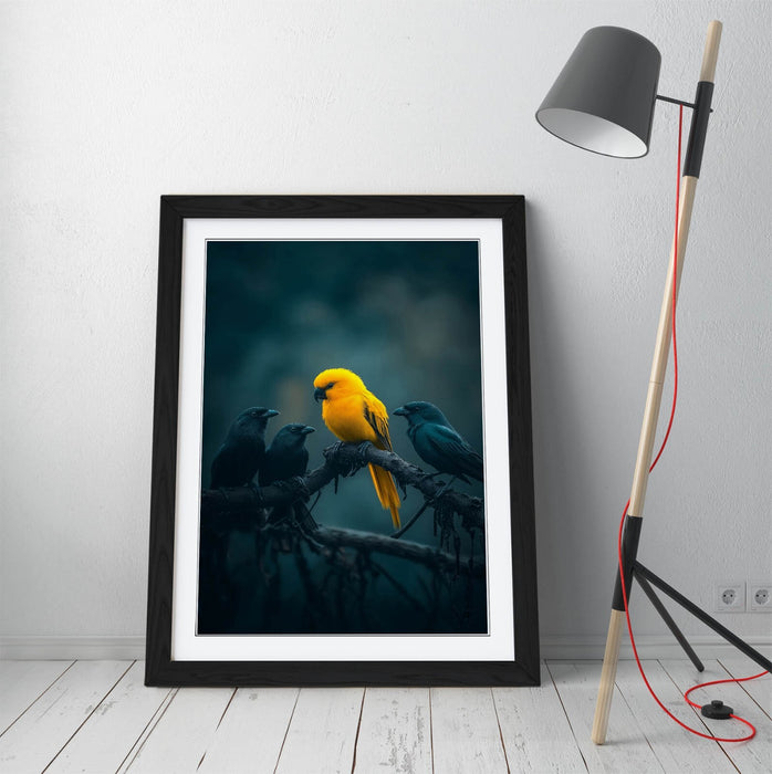 Framed Wall Art Poster - Yellow Bird & Black Crow Tree Print With Wood Grain Frame