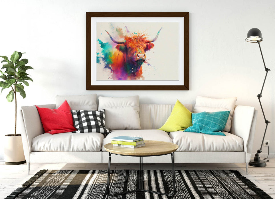 Highland Cow Art - Framed Wall Art With Colorful Watercolour Animal Print