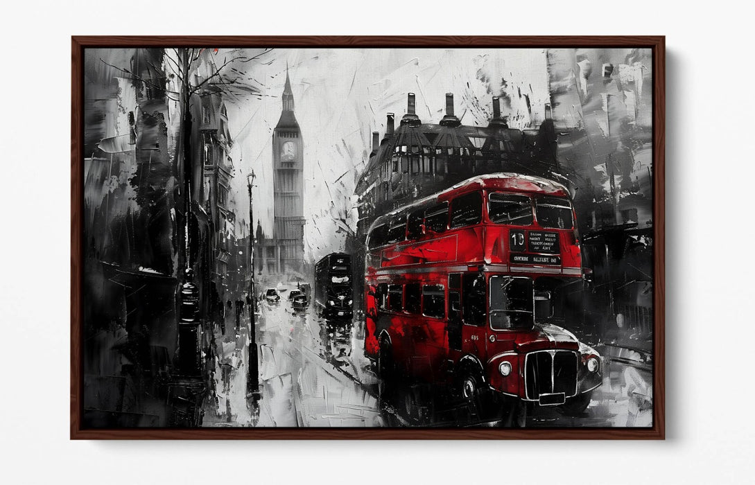 Black And White Cityscape - Red Bus Art Print | Float Effect Canvas Wall Art