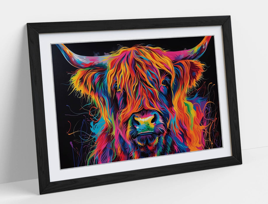 Highland Cow Wall Art – Framed Multi Colour Poster with Woodgrain Faux Frame