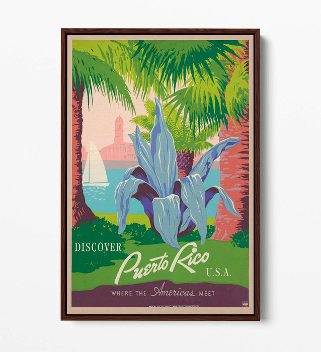 RETRO PUERTO RICO TRAVEL POSTER -FLOAT EFFECT CANVAS ART PRINT- BLUE PINK