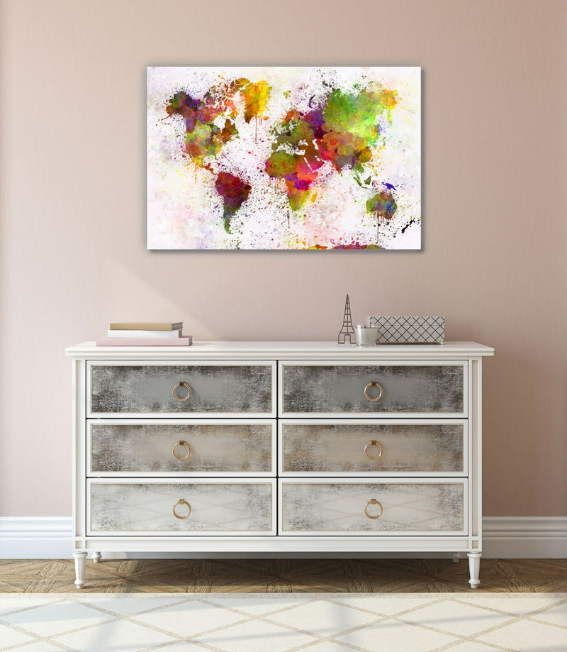 Abstract World Map Art – Handmade Canvas Wall Art, 30mm Deep Frame, Vibrant Ink Print