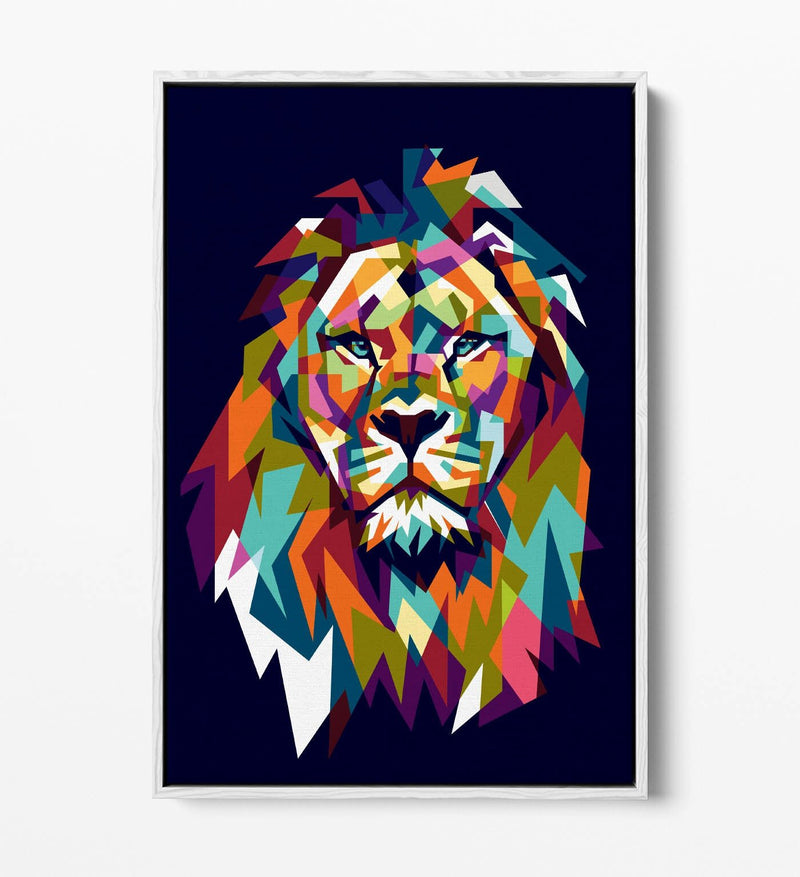 Lion Head Canvas Art - Multi Colour Geometric Wall Decor With Float Effect Frame