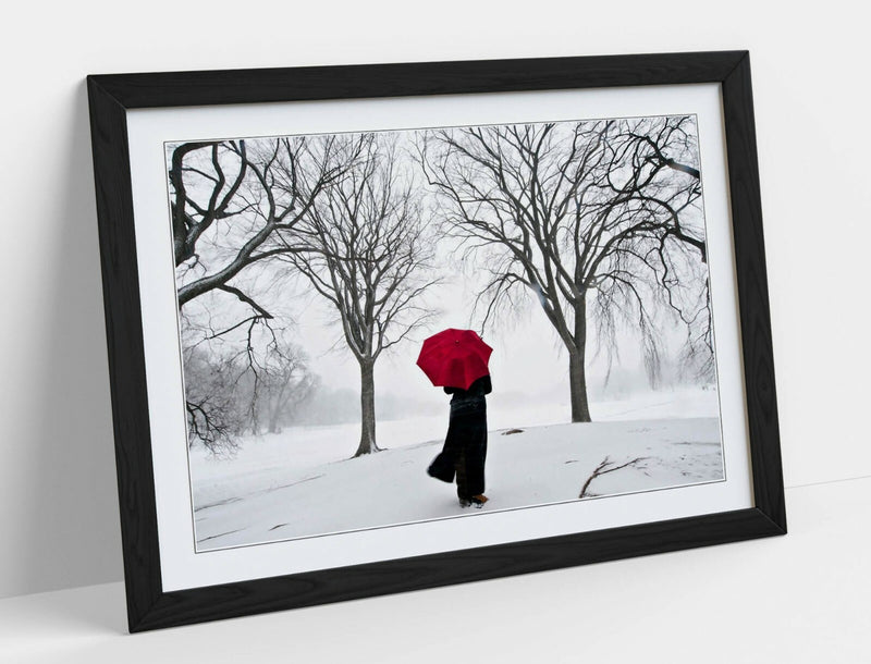 Framed Art Print - Red Umbrella Artwork | Snow Scene Print With Wood Grain Frame
