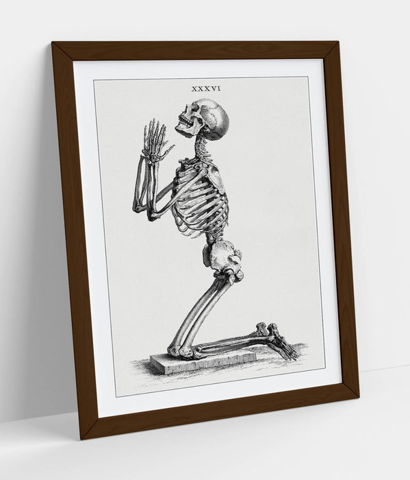 Framed Skeleton Wall Art – William Cheselden Praying Skeleton Poster Print in Wood Grain Frame