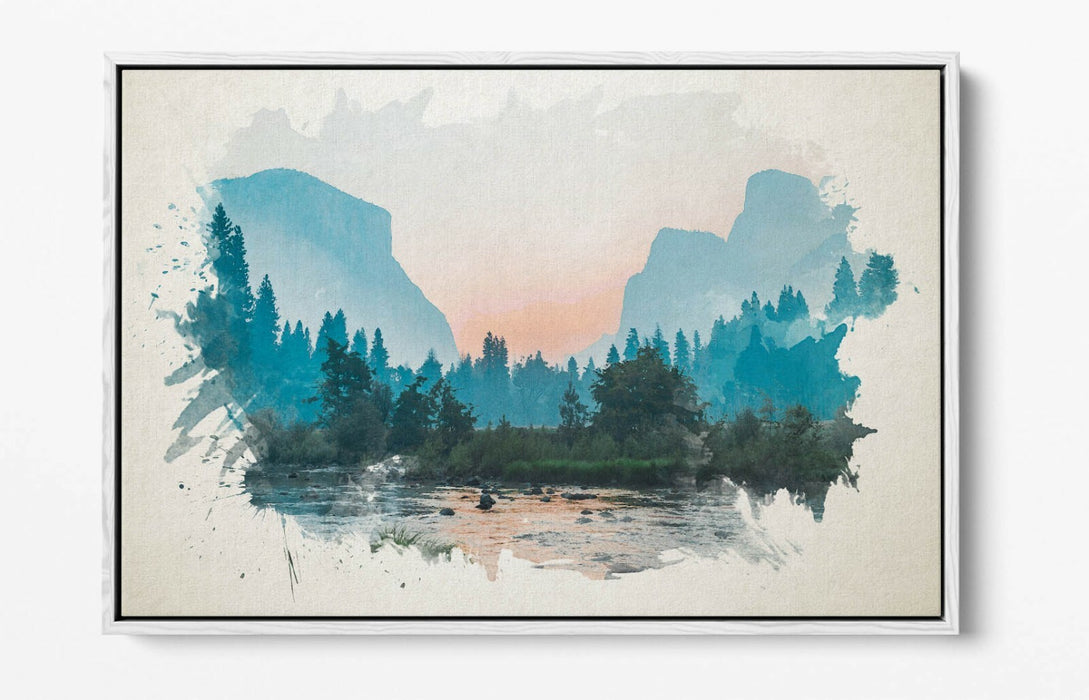 Mountain Landscape Canvas | Watercolour Art Print - Float Effect Frame, Ready To Hang