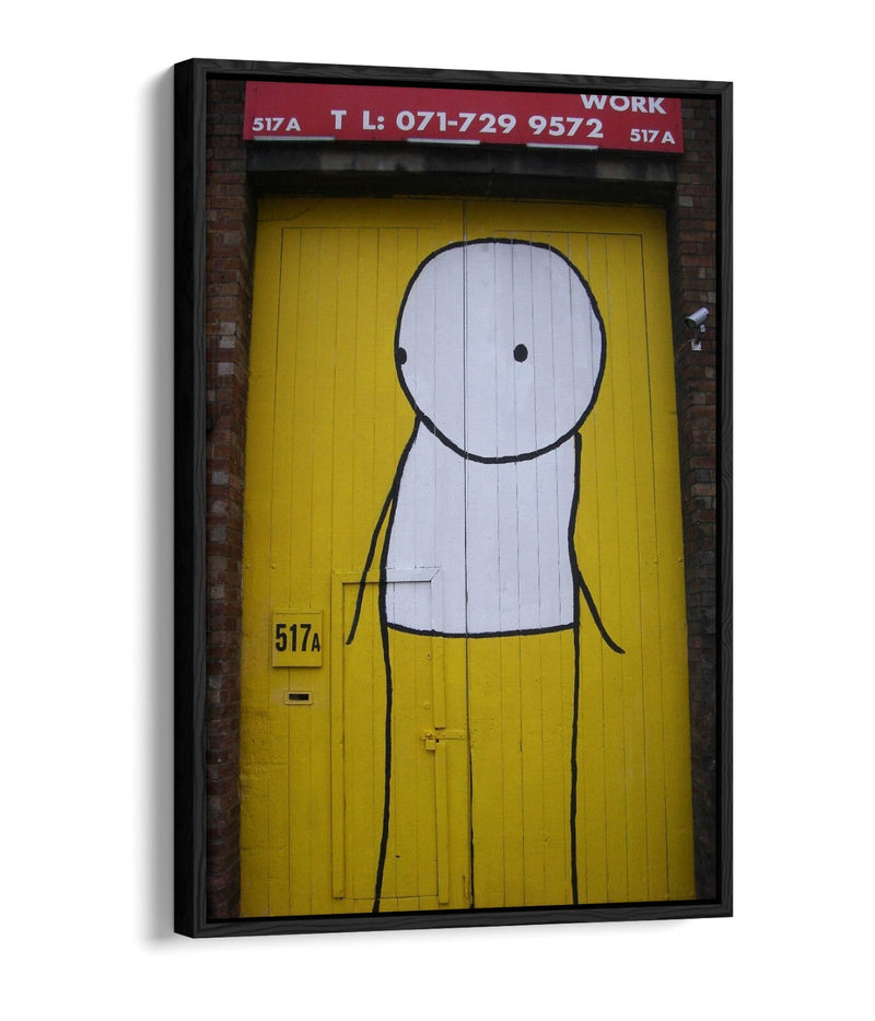 Canvas Wall Art - Stik Yellow Door Graffiti Artwork | Float Effect Canvas Print, Ready To Hang