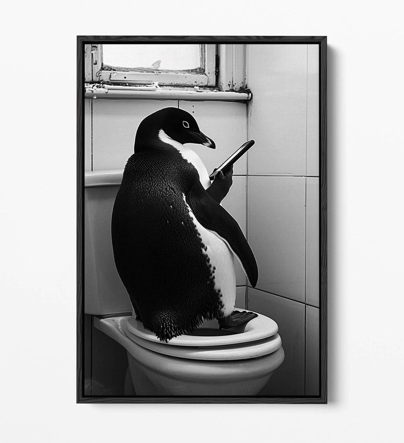 Funny Penguin Canvas – Humorous Bathroom Wall Art | Toilet Decor Print, Float Effect