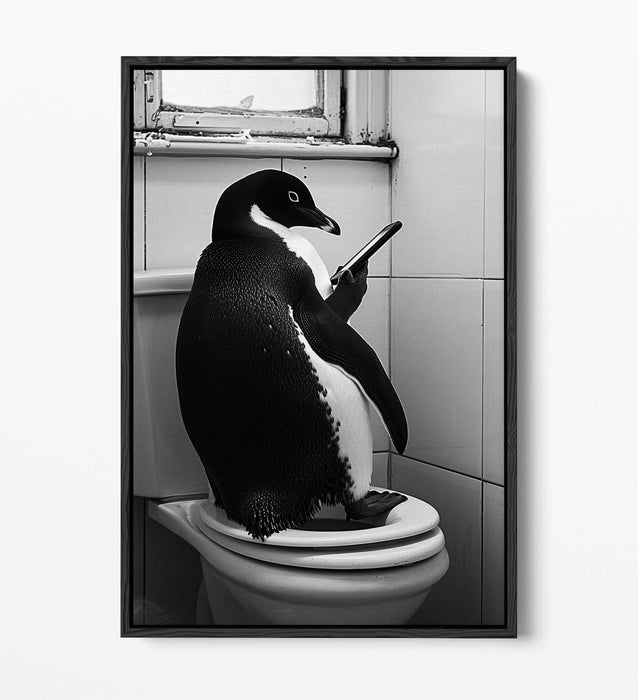 Funny Penguin Canvas – Humorous Bathroom Wall Art | Toilet Decor Print, Float Effect