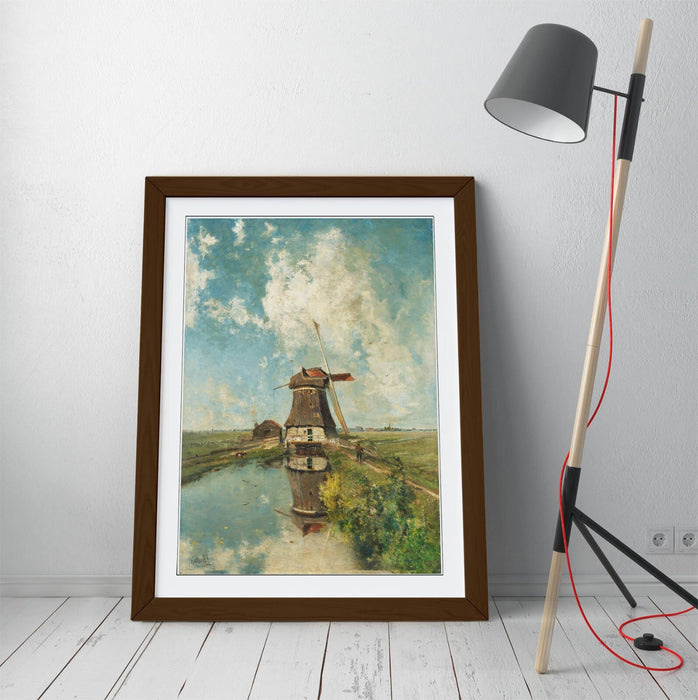 Framed Art Poster - Paul Gabriel Windmill On Polder Waterway, Matte Paper Print