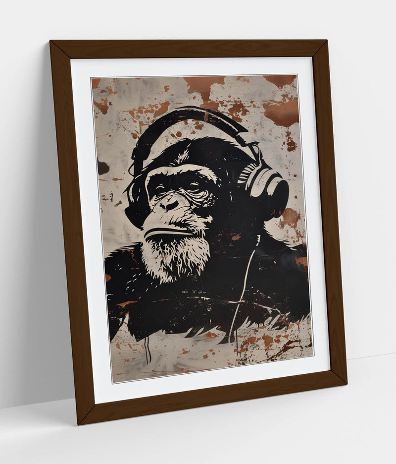 Framed Wall Art Poster – Ape Wearing Headphones Stencil Graffiti Print 4 Sizes