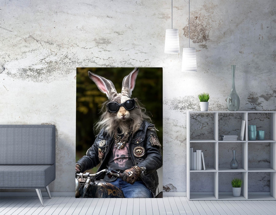 Biker Rabbit Canvas - Funny Anthropomorphic Hairy Animal Painting Wall Art Print
