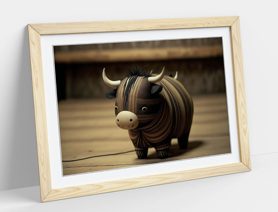 Wooden Highland Cow Art – Framed Wall Art With Wood Grain Frame | Rustic Animal Decor