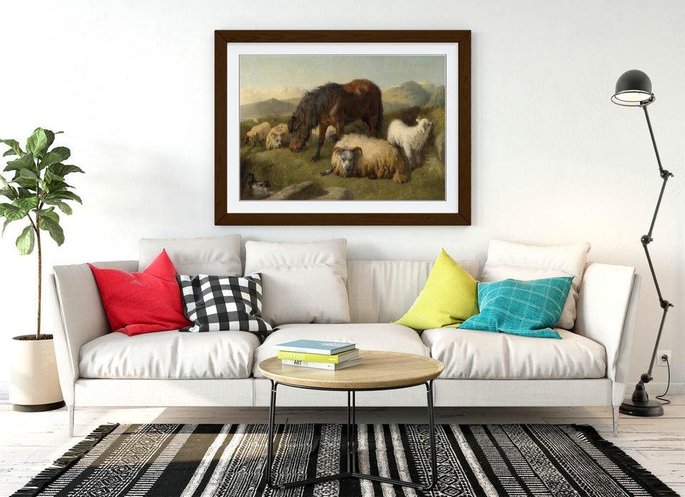 Framed Wall Art – Goats Sheep Pony Vintage Animal Print With Woodgrain Faux Frame