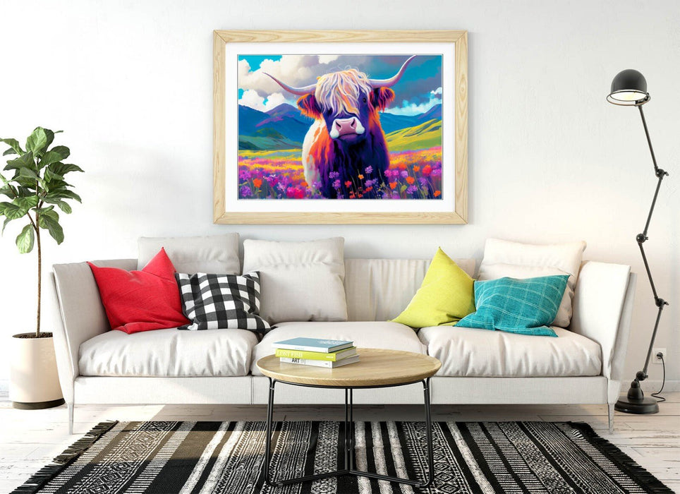 Highland Cow Wall Art – Colorful Landscape Poster With Natural Wood Frame