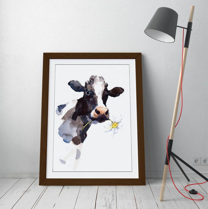 Watercolour Cow Wall Art – Framed Flower Art Print | Rustic Farmhouse Decor