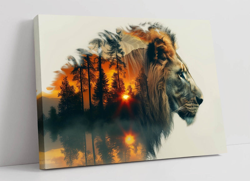 Lion Canvas Wall Art - Forest Sunset Decor | Handmade Contemporary Home Art Print