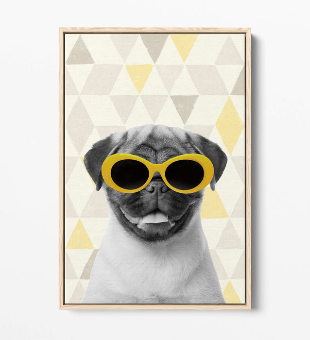 PUG SUNGLASSES YELLOW GREY -FLOAT EFFECT CANVAS WALL ART PIC PRINT- WHITE