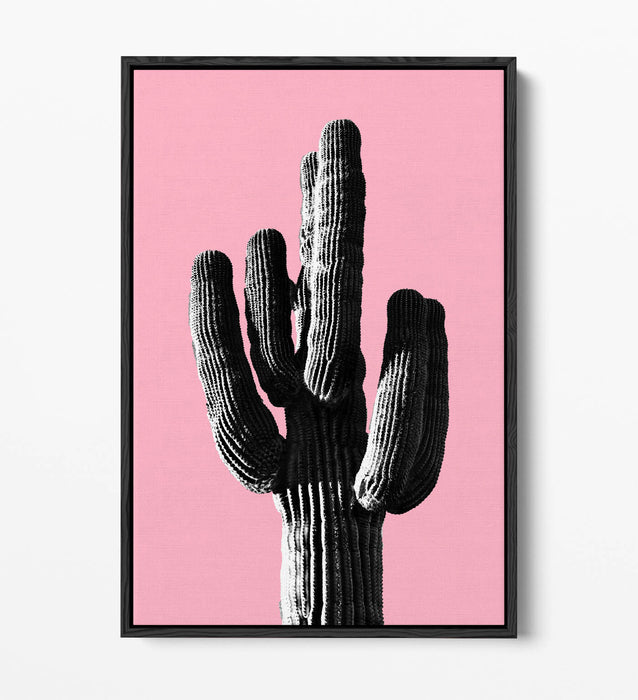 TRENDY B&W CACTUS POP ART PINK-FLOAT EFFECT CANVAS WALL ART PRINT