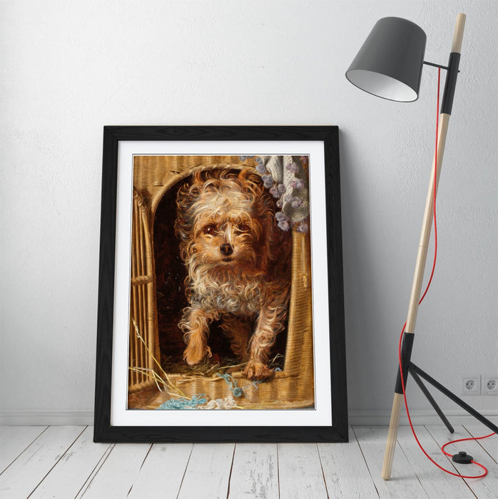 Framed Art Poster - Darby In Basket Wall Art Print With Woodgrain Frame