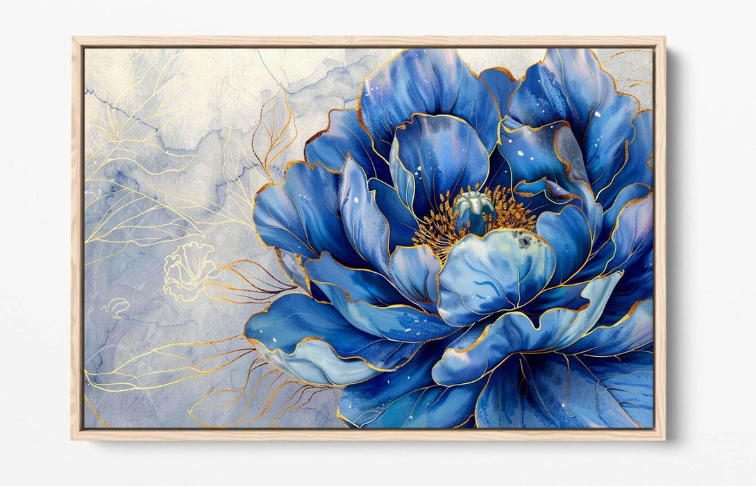 Blue Peony Canvas – Handmade Flower Art With Glittery Edge Print & Float Effect Frame