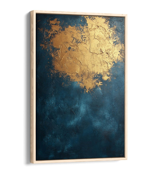 Float Effect Canvas Art – Blue Gold Artwork on Custom Deep Frame, Ready to Hang