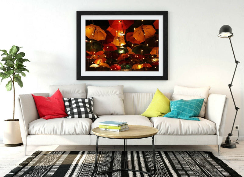 Framed Wall Art - Umbrella Sky Lights Night Time Photography Print With Woodgrain Frame