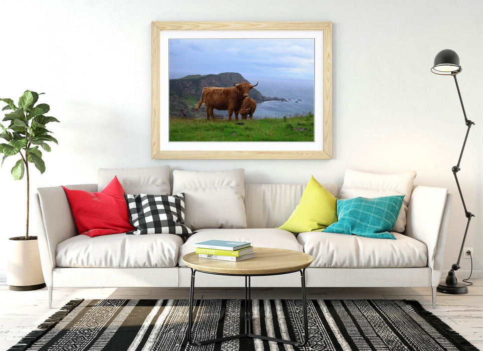 Highland Cows Wall Art – Framed Coastal Landscape Print With Woodgrain Frame