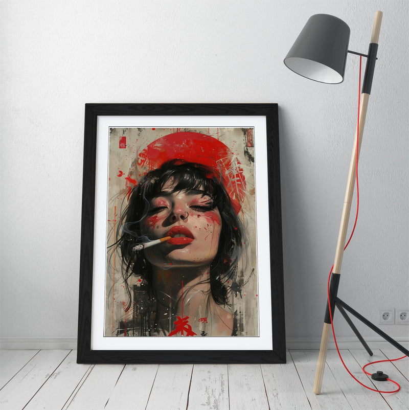 Framed Wall Art Poster - Portrait Of Pretty Woman Smoking Cigarette In Wood Grain Frame