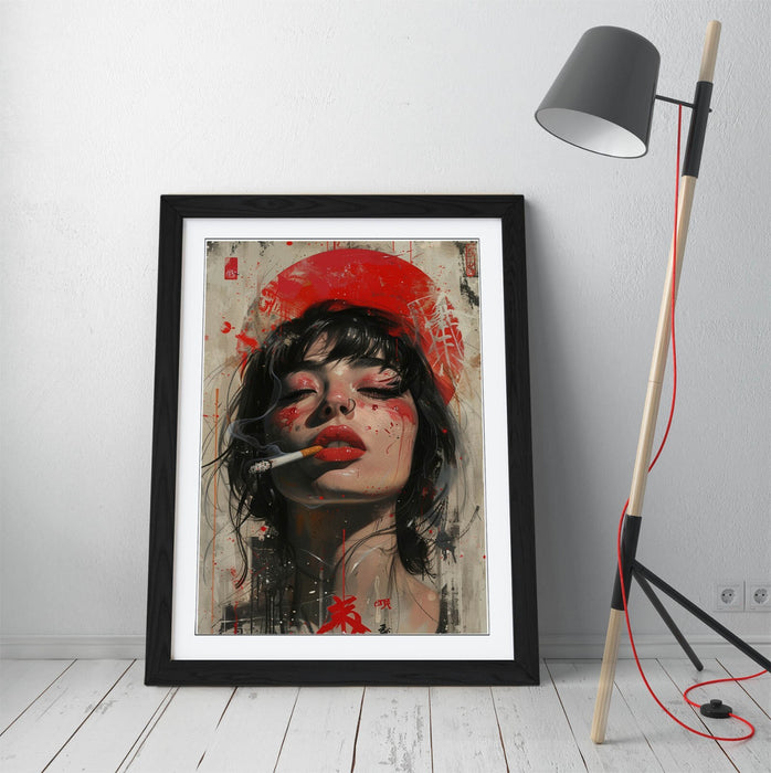 Framed Wall Art Poster - Portrait Of Pretty Woman Smoking Cigarette In Wood Grain Frame