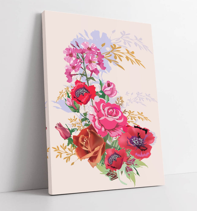 Canvas Wall Art – Pink Rose & Red Poppy Bouquet Floral Wall Decor Print