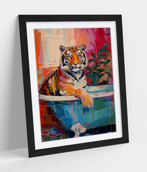 Framed Wall Art - Multi Color Tiger Print in Woodgrain Frame | Handmade UK Poster