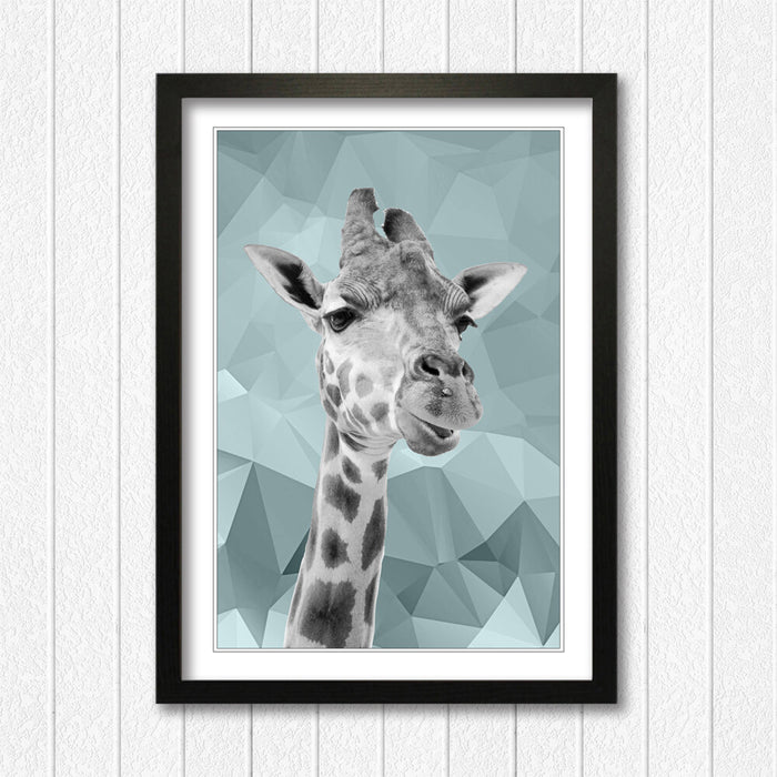 GIRAFFE BLACK AND WHITE DUCK EGG BLUE GEO FRAMED POSTER WALL ART PRINT ARTWORK