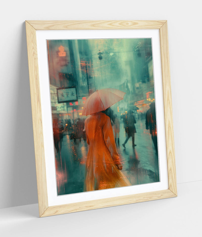 Framed Wall Art - Woman With Umbrella City Street Poster Print | Handmade UK