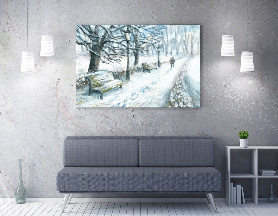 Canvas Wall Art – Couple Walking in Snowy Park Winter Home Decor Print